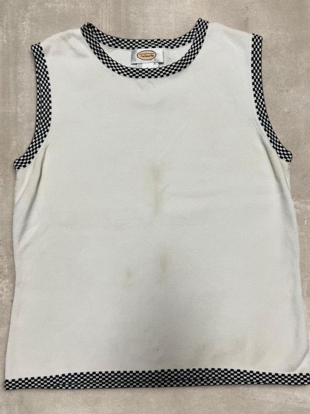 Talbots Vintage Sleeveless Knit Sweater Tank Black White Checker Trim Size S